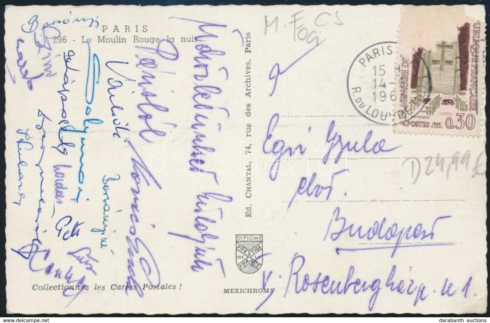 1963 Válogatott Labdarúgó Csapat (Solymosi, Káposzta, Gelei, Stb.) Aláírása Párizsból, Egri Gyula MTS Elnöknek Címzett K - Sonstige & Ohne Zuordnung