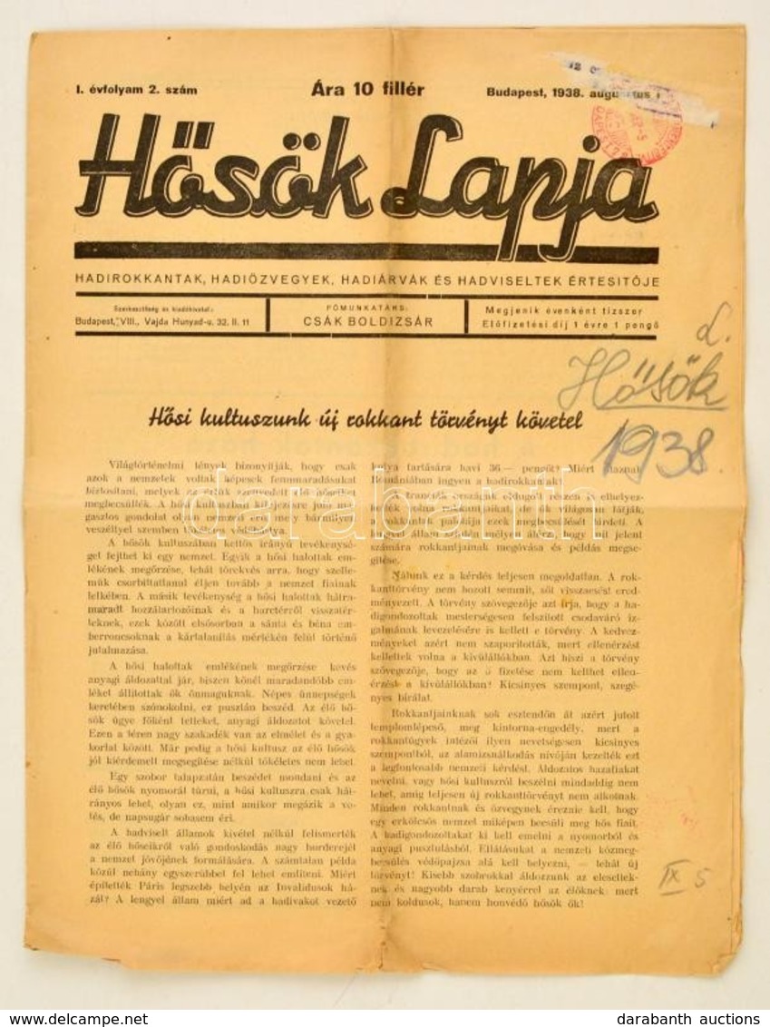 1938 A Hősök Lapja I. évfolyam 2. Szám. - Sin Clasificación