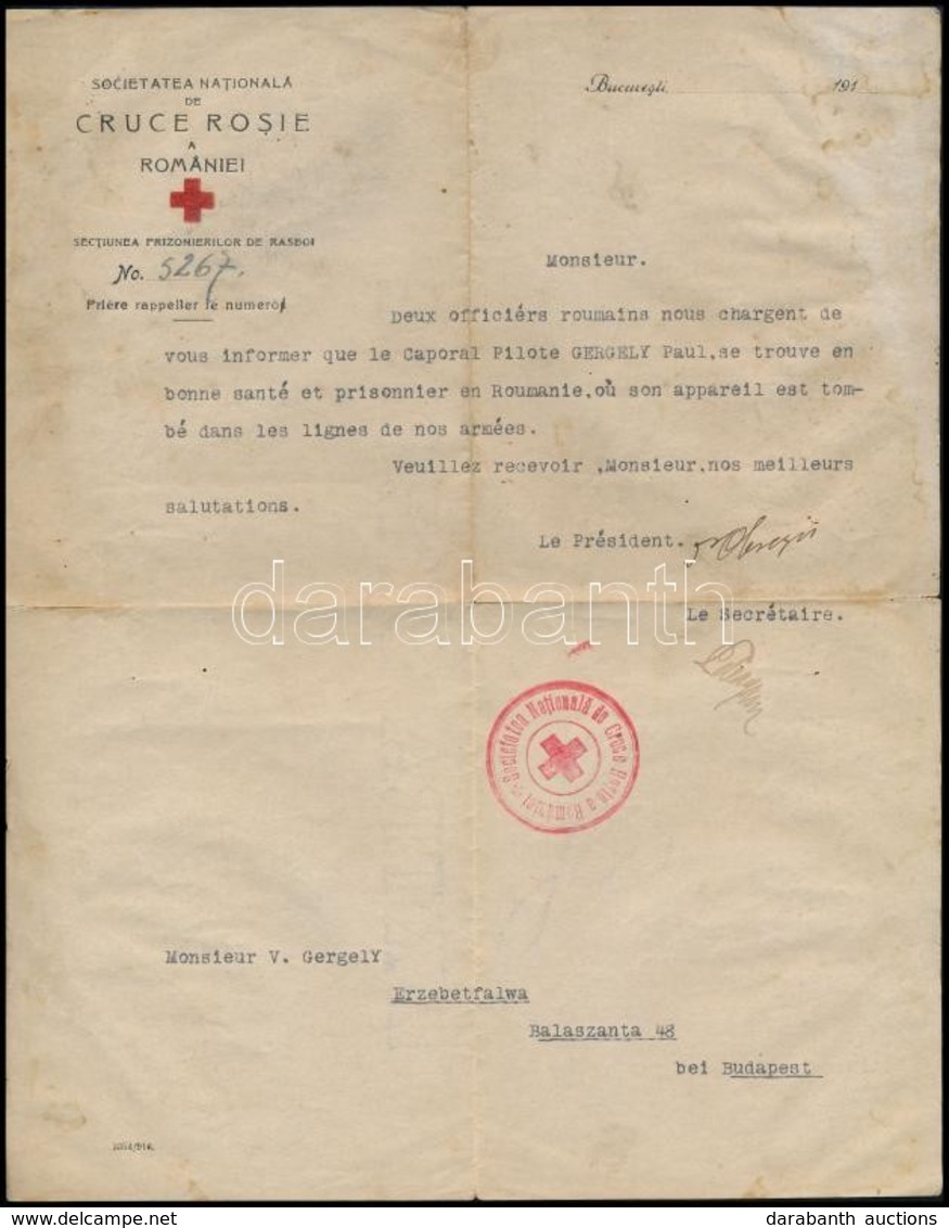 1917 Román Vörskereszt Fejléces Levél Gergely Pál Magyar Pilóta Fogságba Eséséről, Francia Nyelven, Pecséttl, Aláírással - Sin Clasificación