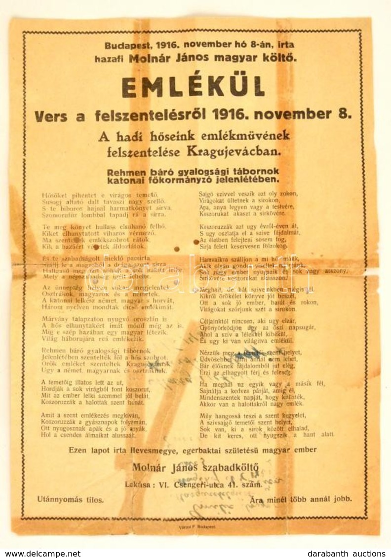 1916 Emlékül, Vers A Felszentelésről 1916. November 8., A Hadi Hőseink Emlékművének Felszentelése Kragujevácban, Várnai  - Ohne Zuordnung