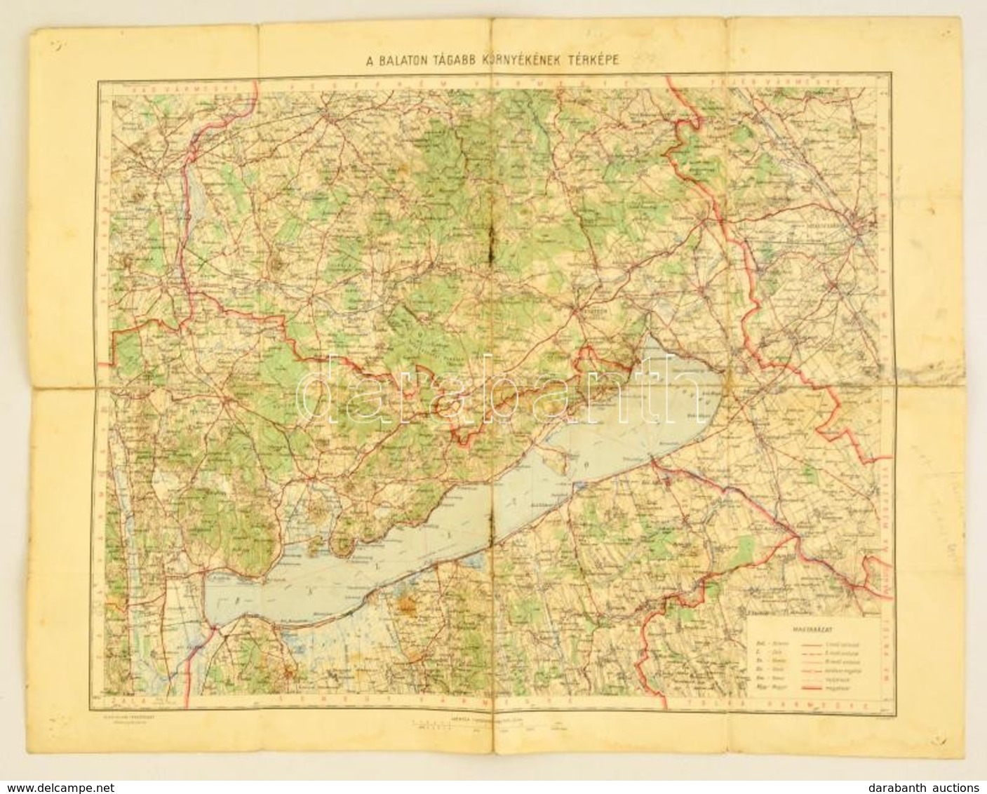 1927 A Balaton és Tágabb Környékének Térképe, Kiadja A M. Kir. Állami Térképészet, Ragasztott, 50×63 Cm - Otros & Sin Clasificación