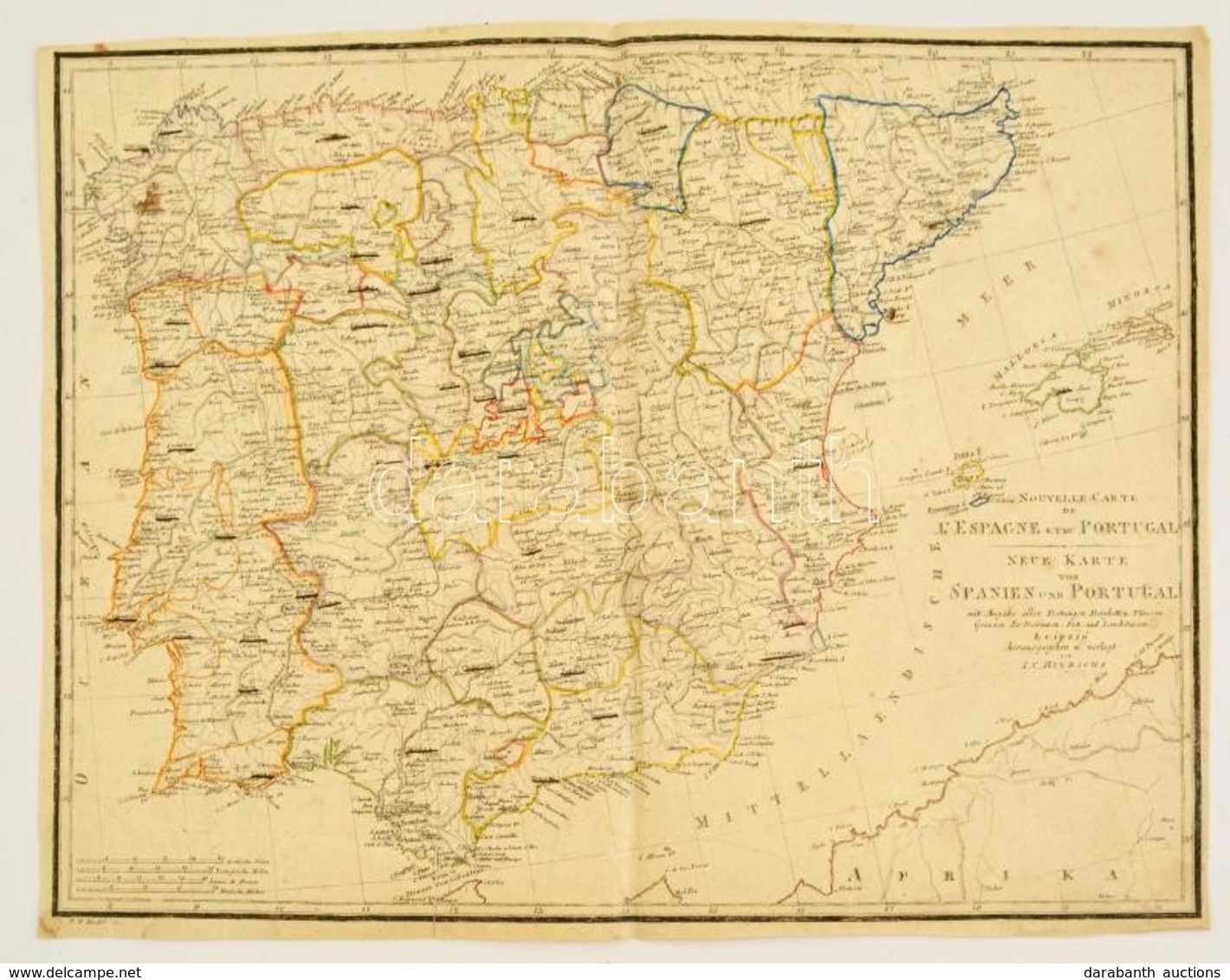 Cca 1820 Spanyolország és Portugália Rézmetszetű Térképe F. W. Streit, Leipzig, J. C. Hinrichs, Belerajzolva, 47x36 Cm./ - Sonstige & Ohne Zuordnung