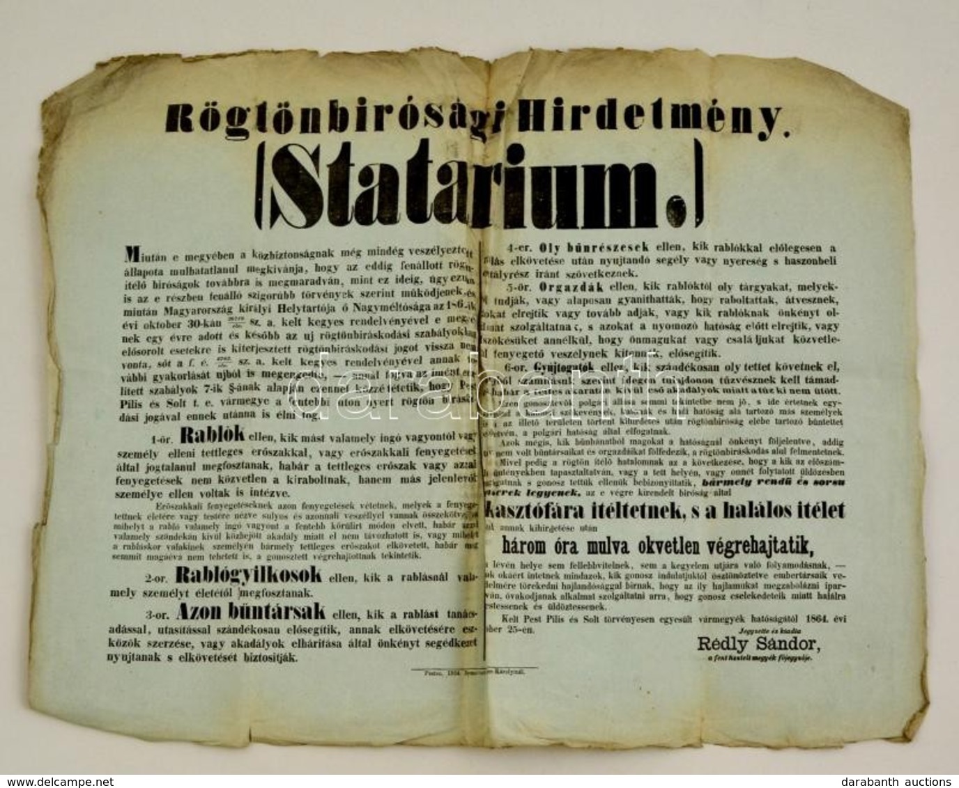 1864 Rögtönbírósági (statárium) Bevezetéséről Szóló  Nagyméretű Hirdetmény, Plakát. Gyűrődésekkel 60x48 Cm - Sin Clasificación