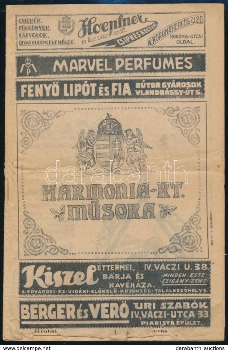 1923 Harmonia Rt. Műsora. Bp., May Rt.-ny., IV+12 P. Rengeteg Korabeli Reklámmal, A Címlap Alsó Széle Kissé Sérült, Kiss - Ohne Zuordnung