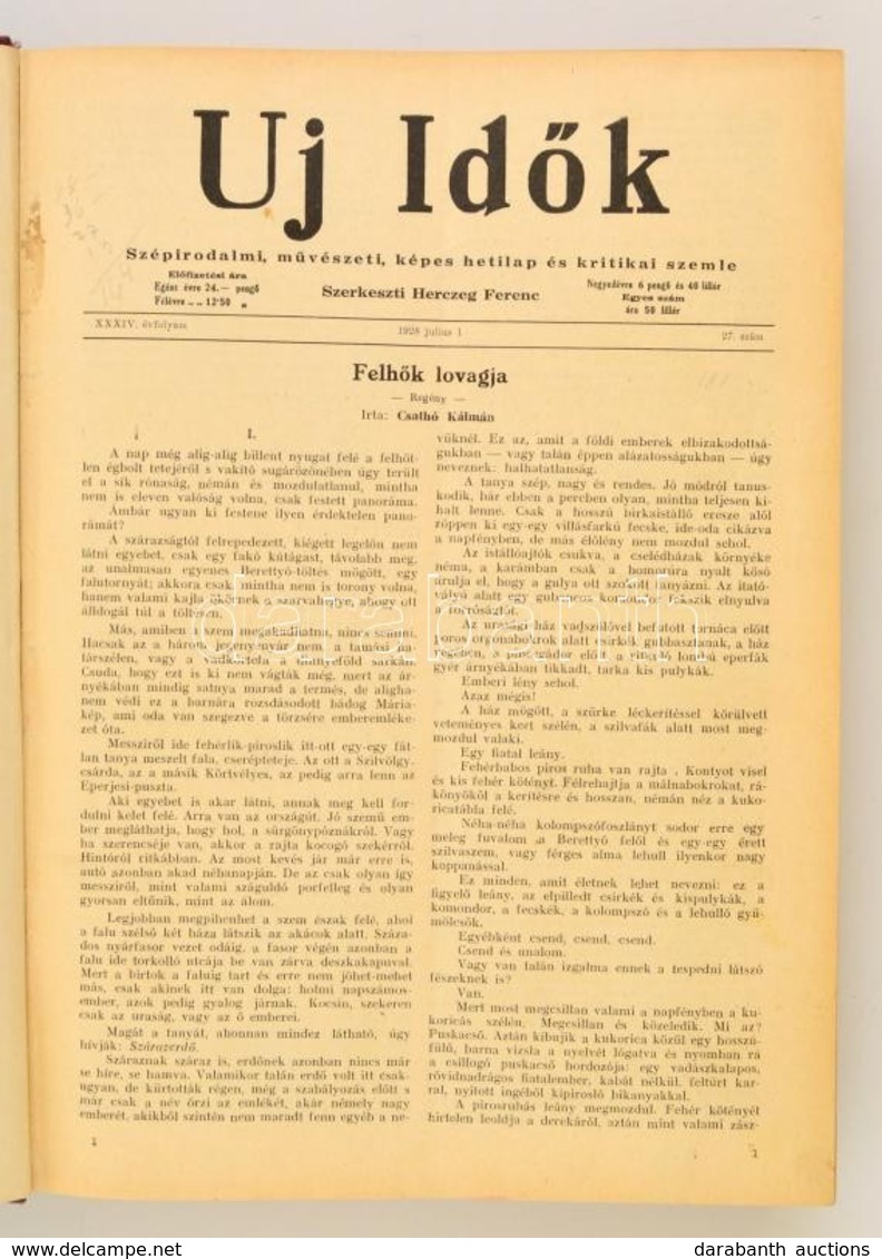 1928 Uj Idők. XXXIV. évfolyam Második Fele Bekötve Szerk.: Herczeg Ferenc. Félvászon-kötésben - Ohne Zuordnung