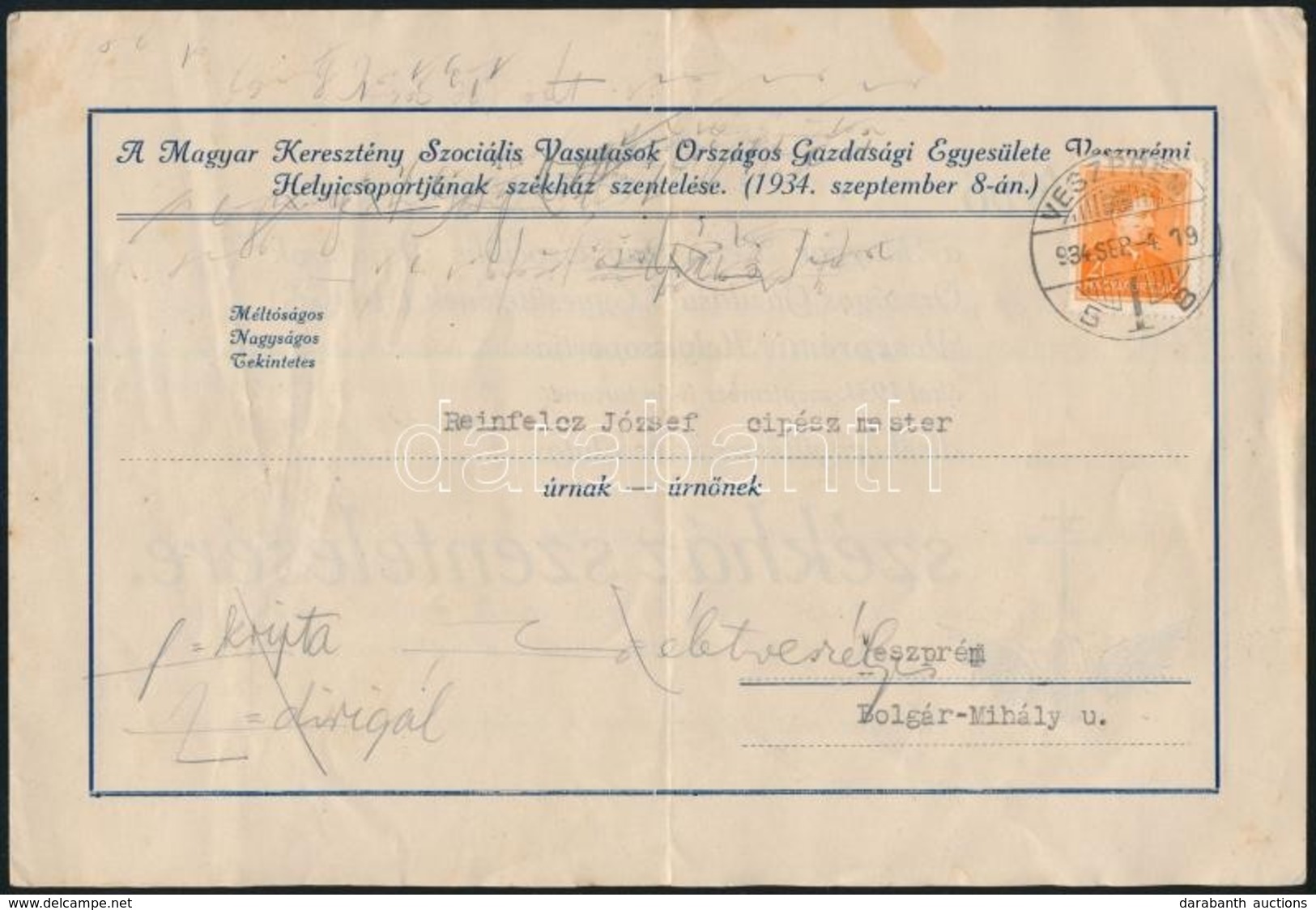 1934 Meghívó A Magyar Keresztény Szociális Vasutasok Orsz. Gazd. Egyesületének Veszprémi Székházának Avatására - Sin Clasificación