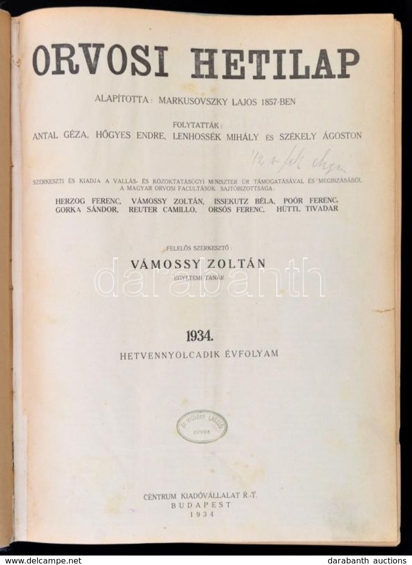 1934 Orvosi Hetilap, 1934. 78. évf. 1-52. Szám. Szerk.: Vámossy Zoltán. Bp.,1934, Centrum,VIII+2+1214+2 P. Kopottas Félv - Sin Clasificación