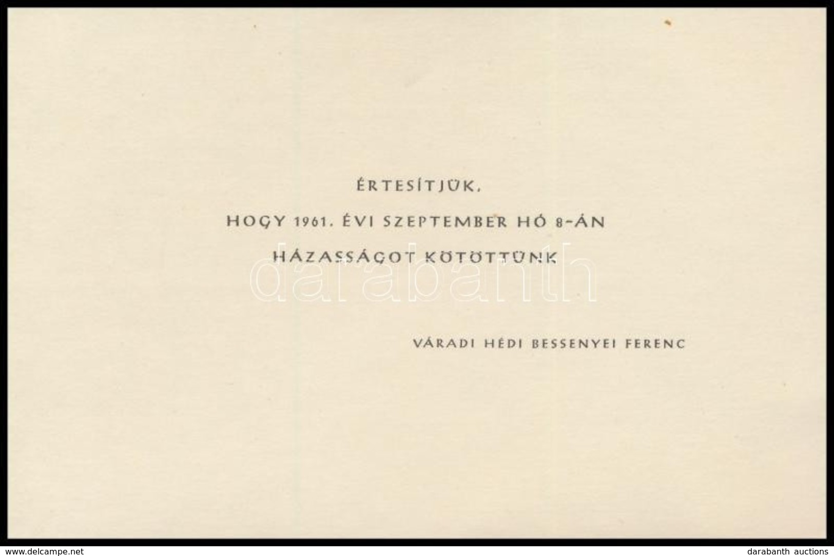 1961 Bessenyei Ferenc és Váradi Hédi Házasságkötési értesítő Kártyája - Sin Clasificación