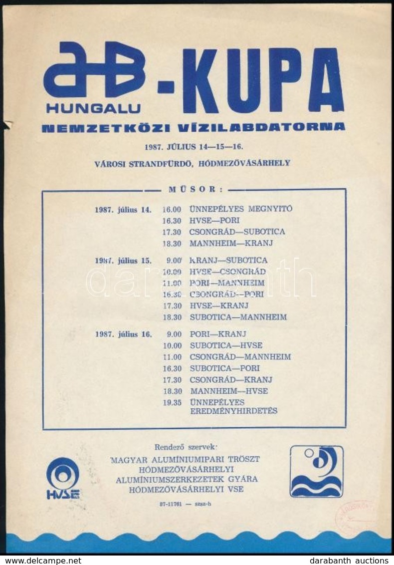 1987 Hódmezővásárhely, AB-Kupa Hungalu Nemzetközi Vízilabdatorna Műsora - Non Classés