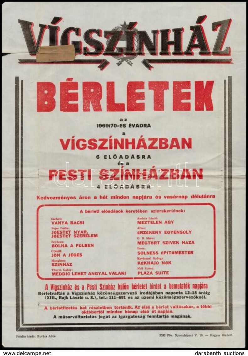 1969 Vígszínház 1969/70-es évad Plakát, Ragasztott Szakadással, 41,5x30 Cm - Otros & Sin Clasificación