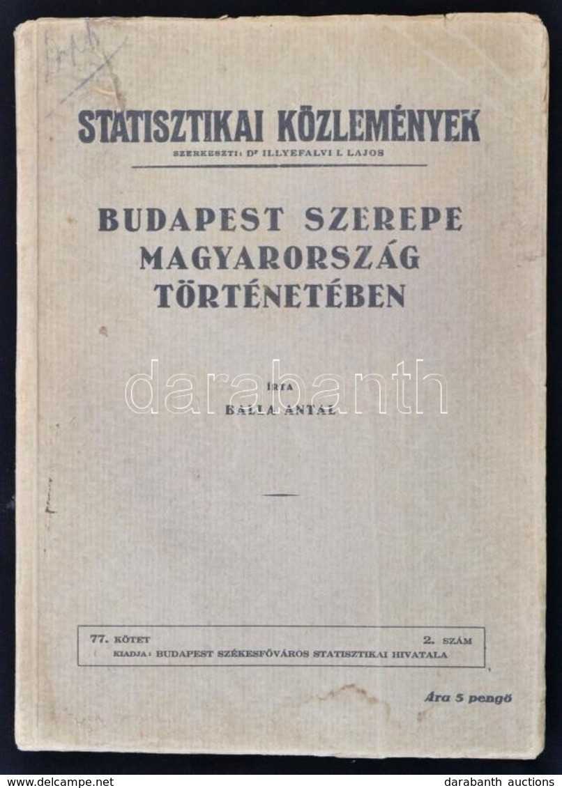 Balla Antal: Budapest Szerepe Magyarország Történetében. Statisztikai Közlemények. 77. Kötet 2. Sz.  Bp.,(1938), Budapes - Ohne Zuordnung