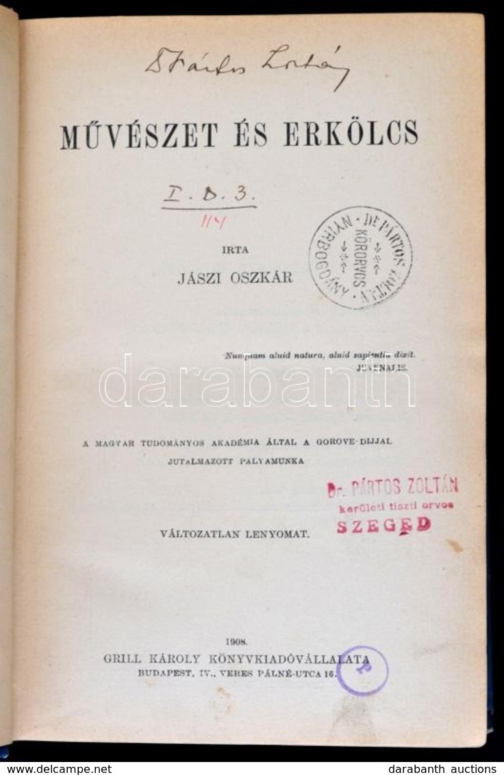 Jászi Oszkár: Művészet és Erkölcs. Társadalomtudományi Könyvtár. Bp., 1908, Politzer Zsigmond és Fia. Második Kiadás. Ki - Non Classificati