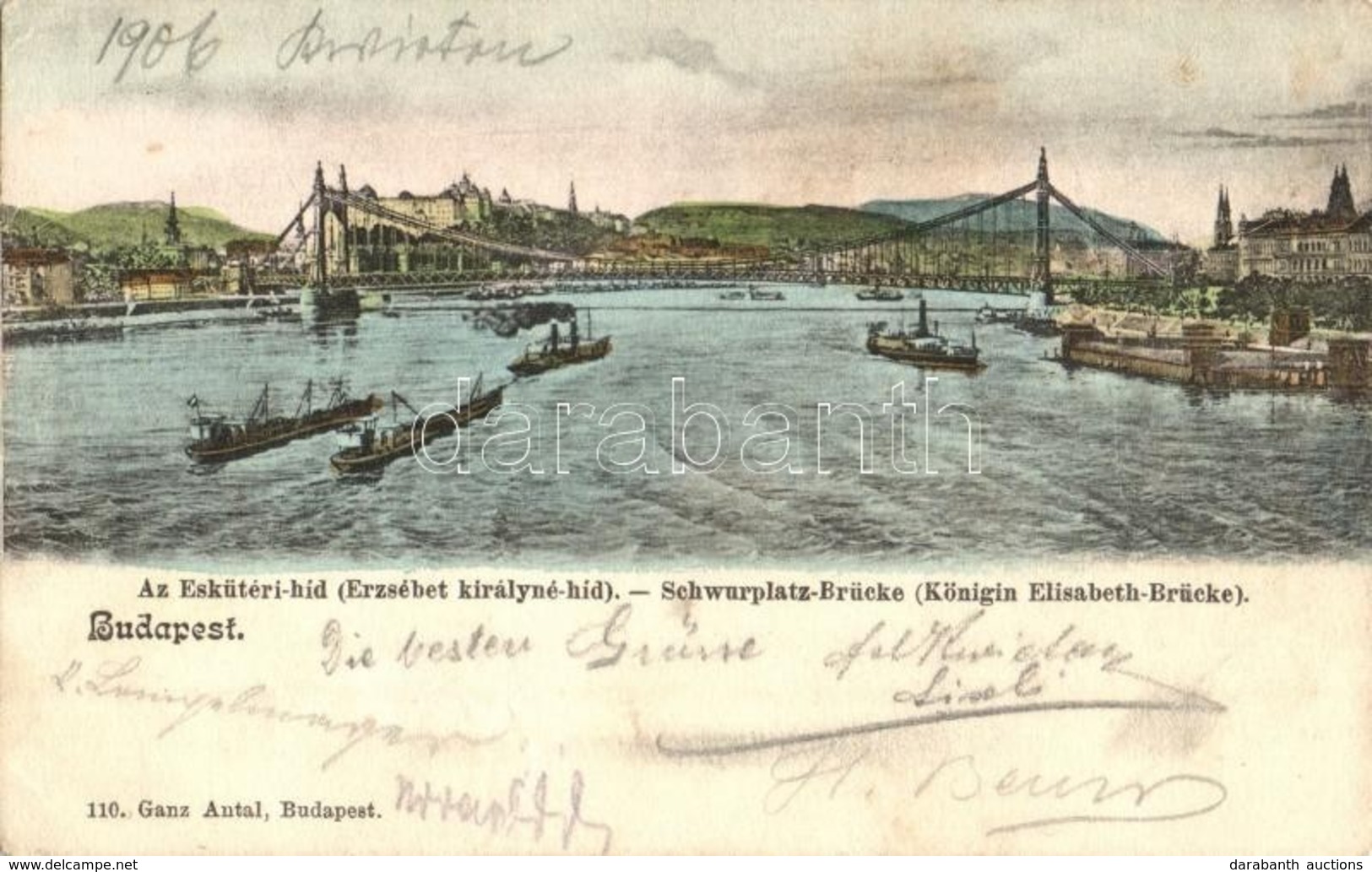 T3 1906 Budapest, Eskü Téri Híd (Erzsébet Királyné Híd), Darus Gőzhajók, Uszályok. Ganz Antal 110. (ázott Sarok / Wet Co - Sin Clasificación