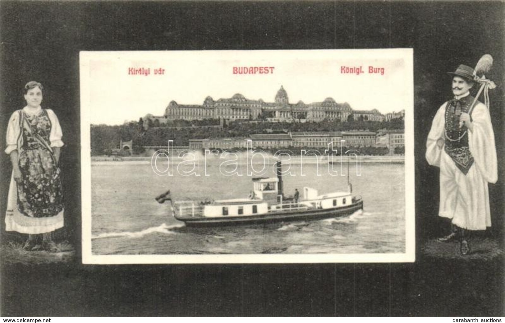 ** T1 Budapest I. Királyi Vár, Gőzös. Népviseletes Montázslap / Folklore Montage Postcard - Sin Clasificación