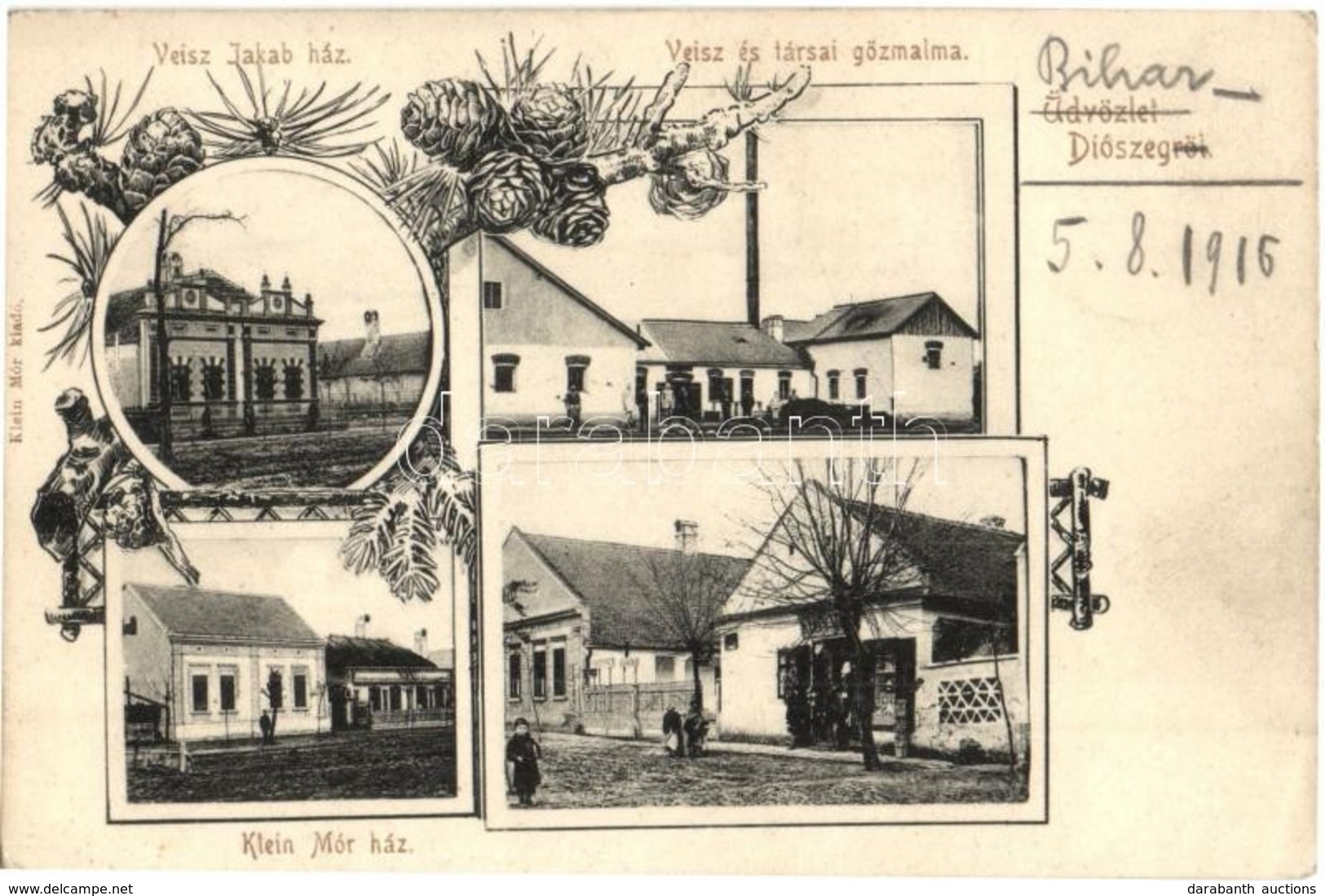 * T2/T3 1916 Bihardiószeg, Diosig; Weisz Jakab Háza és Társai Gőzmalom, Klein Mór Háza és Saját Kiadása / Villas, Steam  - Sin Clasificación