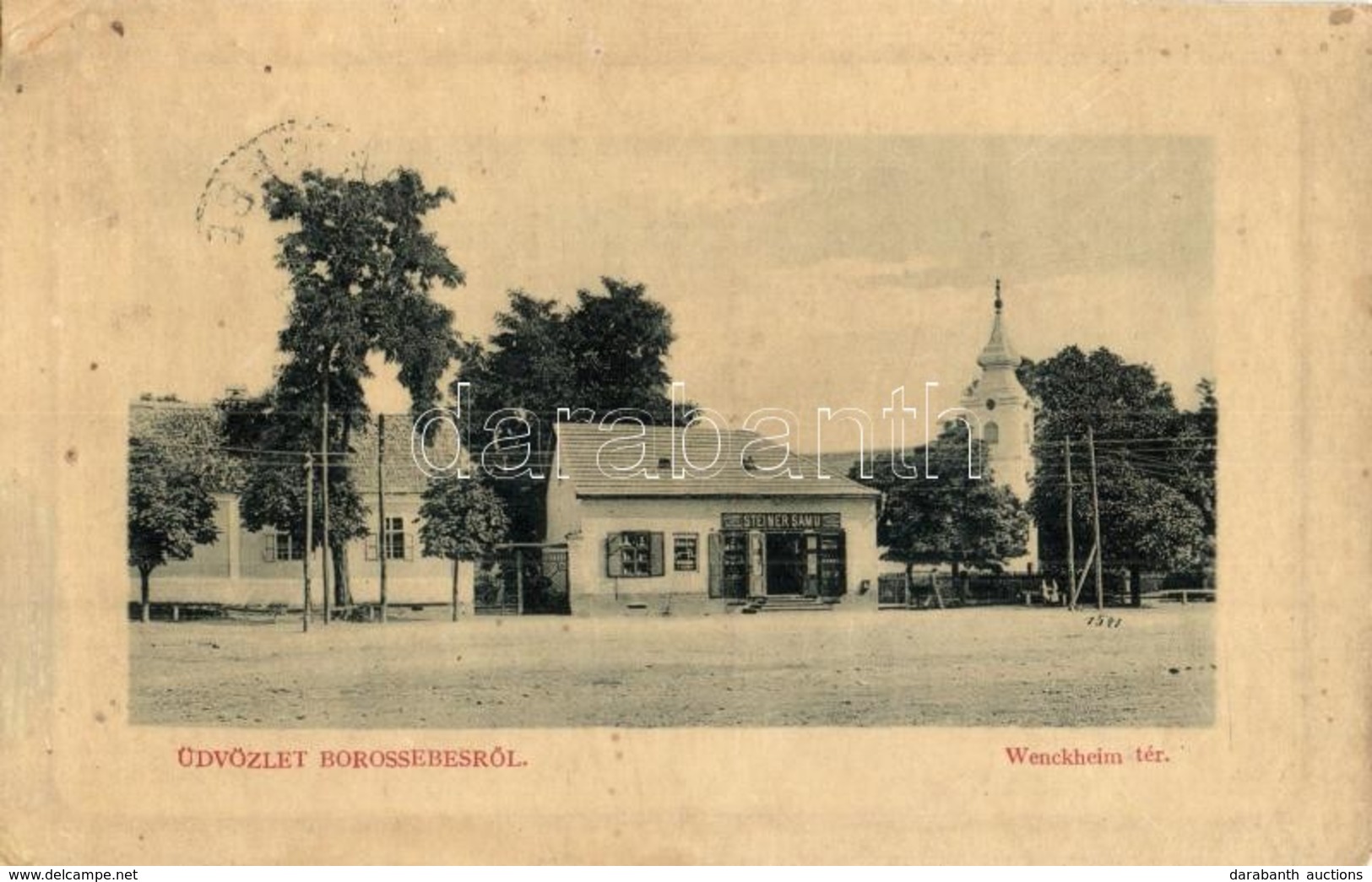 T3 Borossebes, Sebis; Wenckheim Tér, Steiner Samu üzlete, Templom. W. L. Bp. 5286. / Square, Shop, Church (r) - Ohne Zuordnung