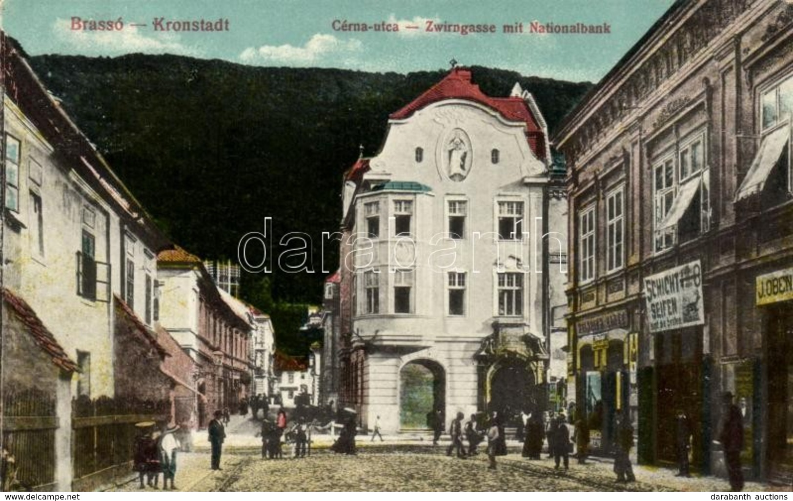 T2 Brassó, Kronstadt, Brasov; Cérna Utca, Nemzeti Bank, Heinrich Zintz üzlete / Street, National Bank, Shops - Sin Clasificación