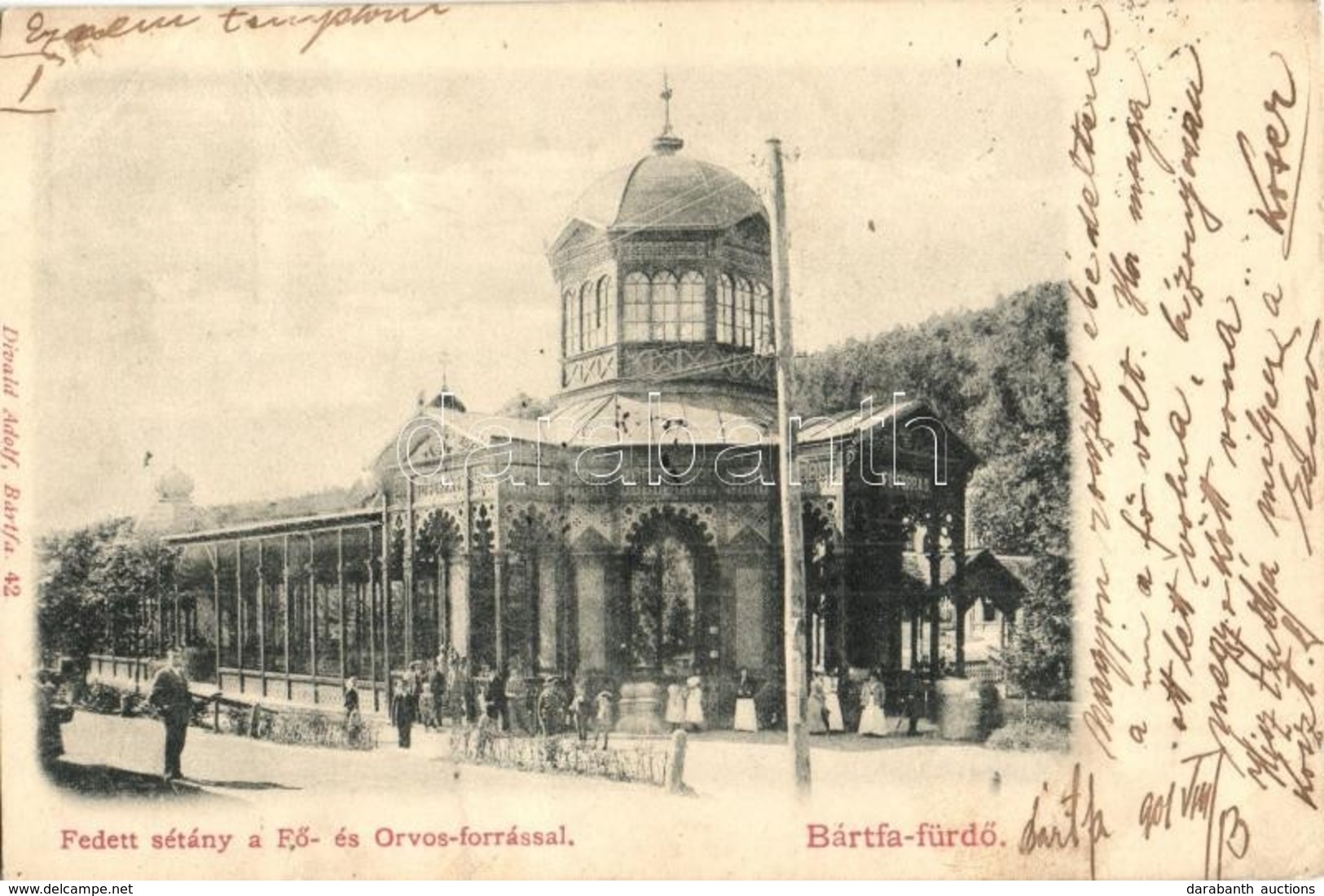 T4 1901 Bártfa-fürdő, Bardejovské Kúpele, Bardiov; Fedett Sétány, Fő és Orvos Forrás. Divald Adolf / Colonnade, Springs  - Ohne Zuordnung