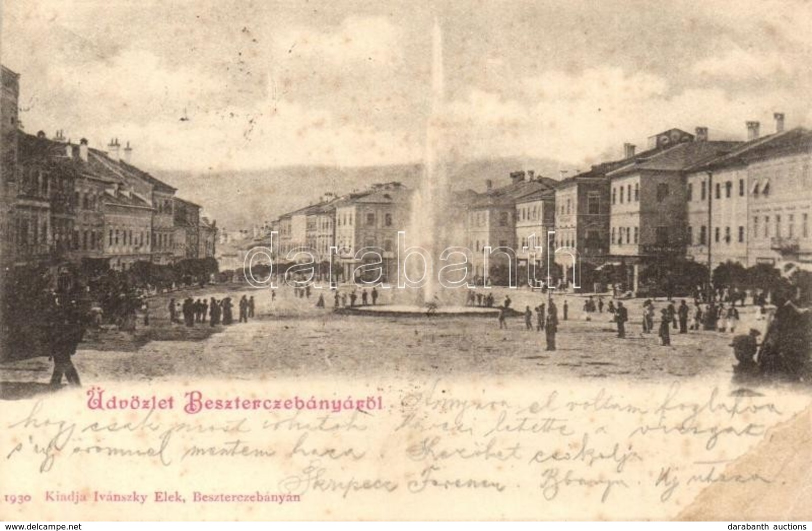 T3 Besztercebánya, Banska Bystrica; Fő Tér, Kohn Ignácz üzlete, Gyógyszertár. Ivánszky Elek Kiadása / Main Square, Shops - Sin Clasificación