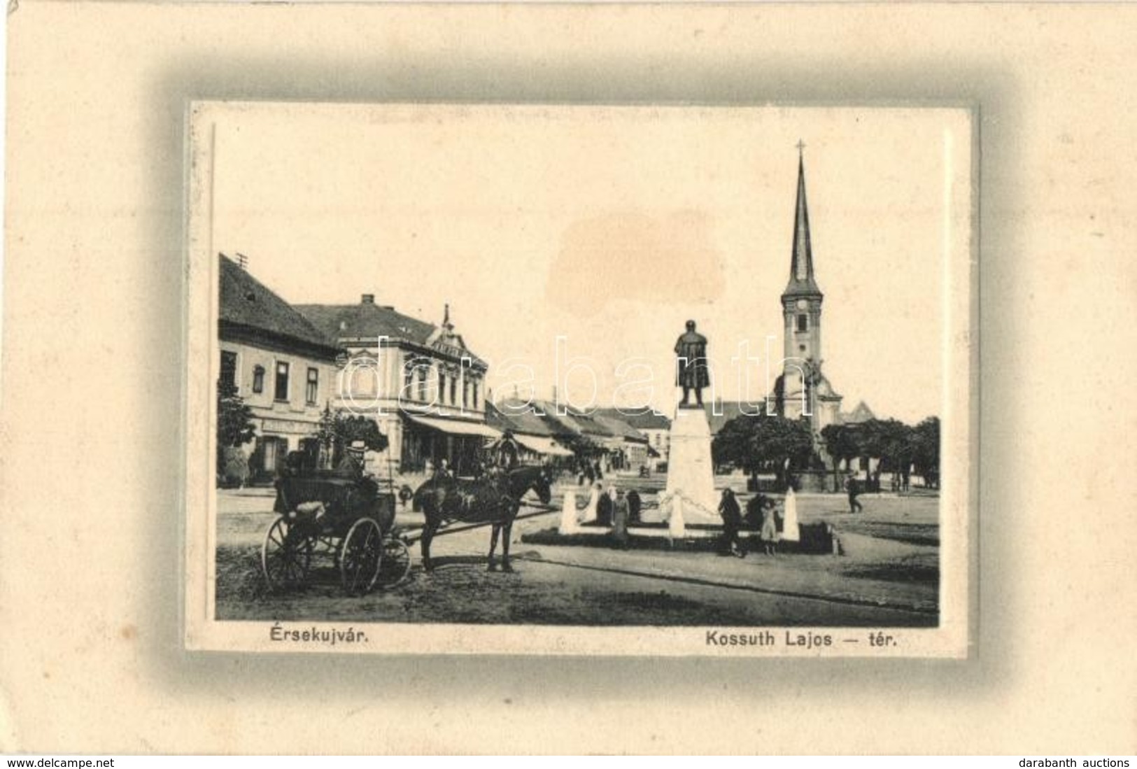 T2/T3 1911 Érsekújvár, Nové Zámky; Kossuth Lajos Tér és Szobor, Templom, Lovaskocsi, Nemzeti Szálloda, Steiner Miksa üzl - Unclassified