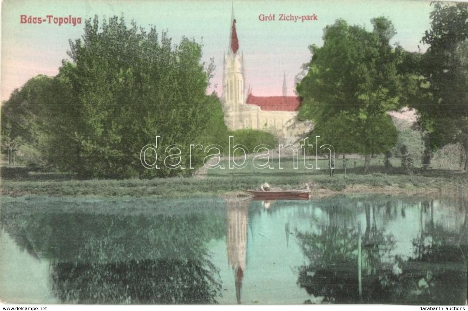 * T2 Bácstopolya, Topolya, Backa Topola; Gróf Zichy Park, Templom. Kiadja Riesz J. 16. / Park, Church - Sin Clasificación