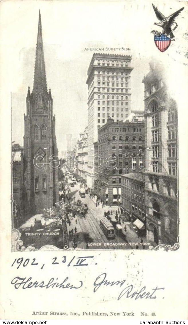 T2/T3 1902 New York, Lower Broadway, Trinity Church, American Surety Bldg., Tram, Winter. Coat Of Arms. Arthur Strauss N - Sin Clasificación