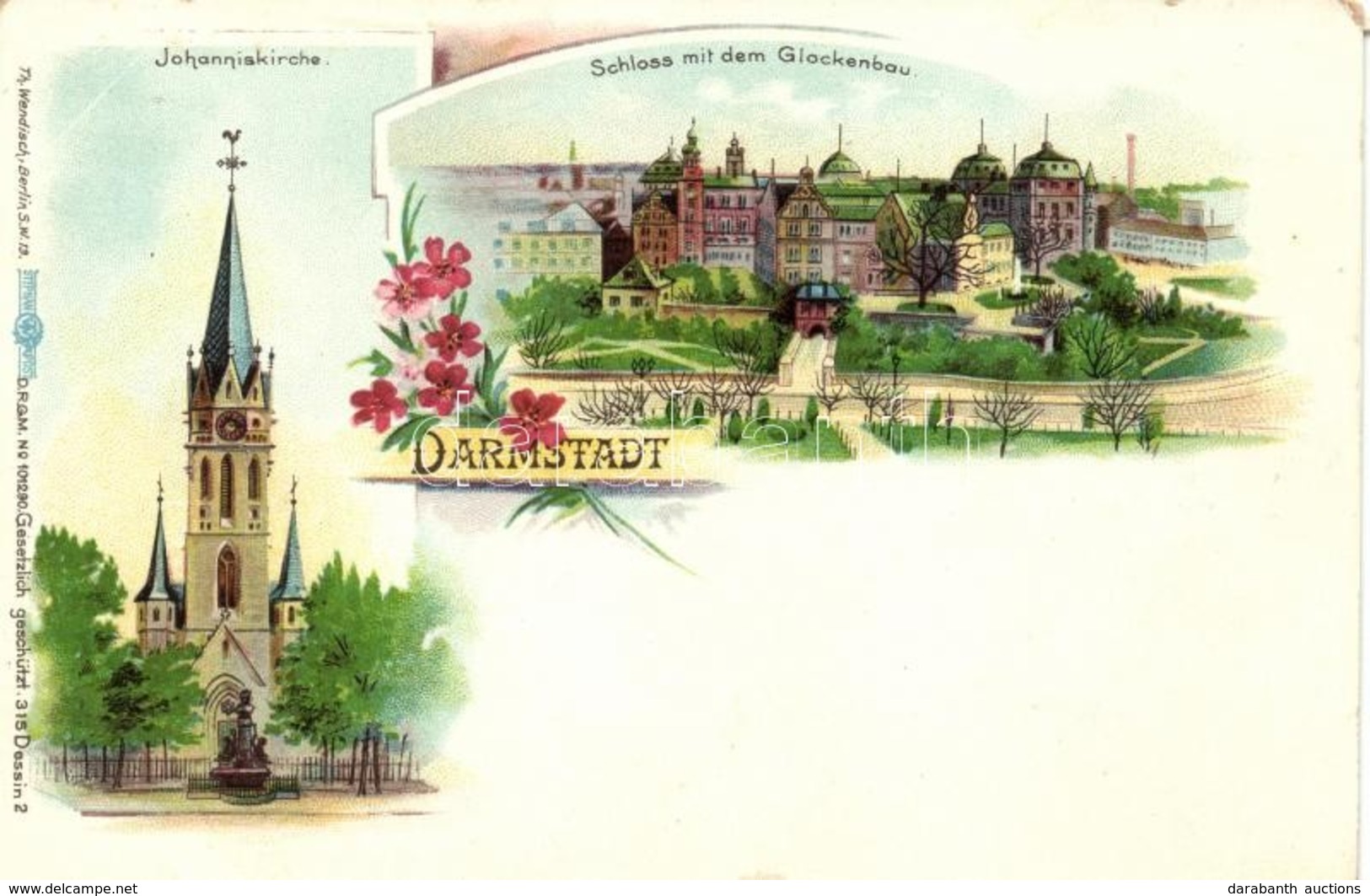 ** T2/T3 Darmstadt, Johanniskirche, Schloss / Floral Litho - Ohne Zuordnung