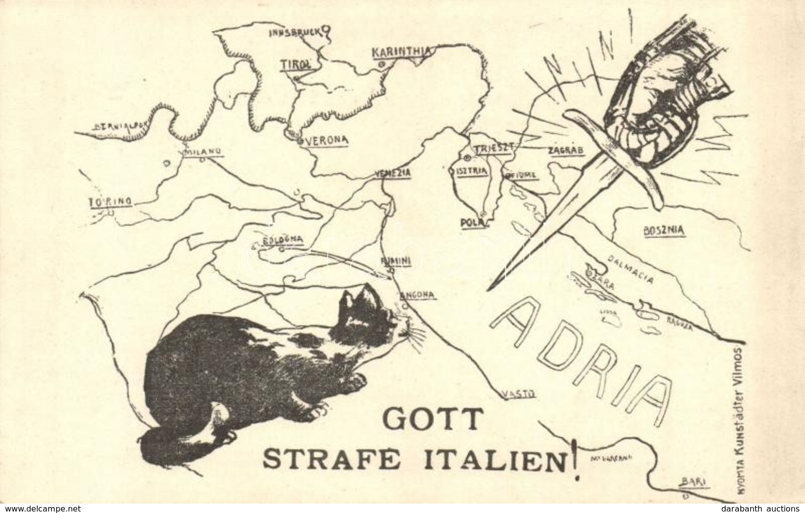 ** T1 Gott Strafe Italien! / Pusztuljon álnok Itália! Nyomta Kunstädter Vilmos / God Punishes Italy! WWI Anti-Italian Pr - Ohne Zuordnung