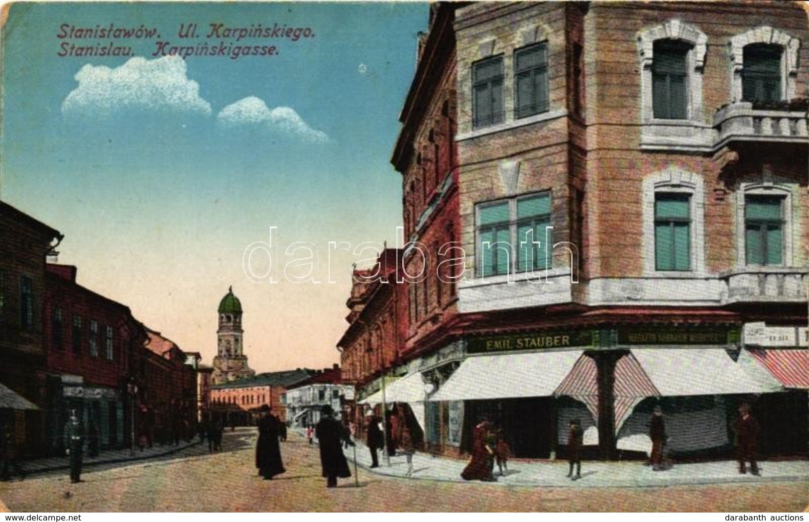 * T3 Ivano-Frankivsk, Stanislawów, Stanislau; Ul. Karpinskiego / Karpinski Street, Shop Of Emil Stauber, Town Hall (fa) - Ohne Zuordnung