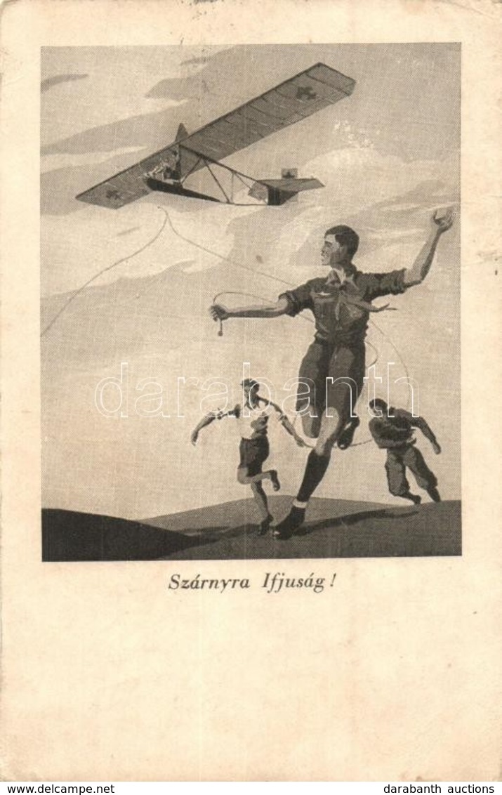 * T3 Szárnyra Ifjúság! Cserkészek Vitorlázó Repülőgéppel / Hungarian Scout Boys With Glider (kis Szakadás / Small Tear) - Sin Clasificación