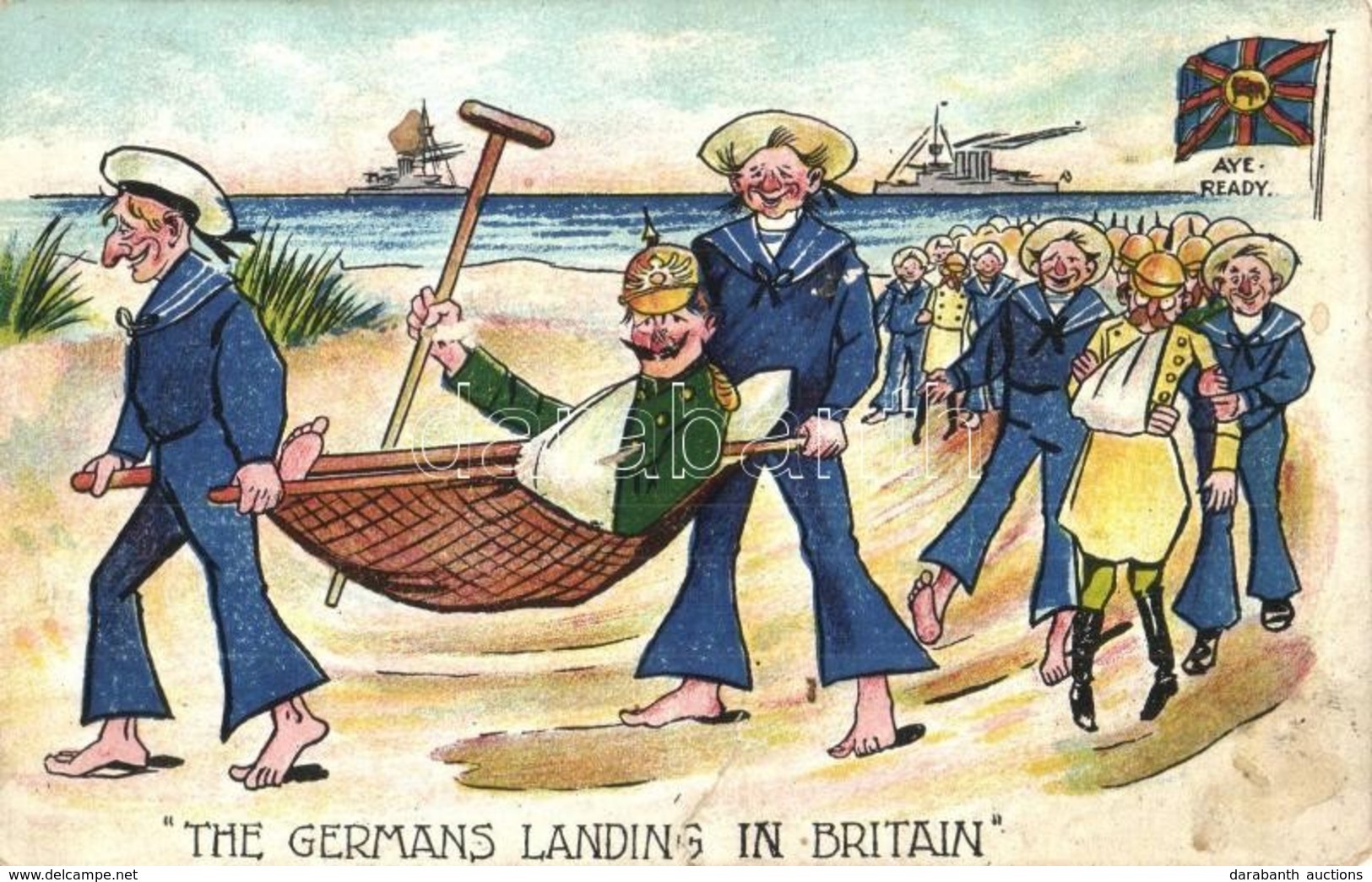 T3/T4 The Germans Landing In Britain, Aye-Ready / WWI British-German Naval Art Postcard With Mariners And Wilhelm II. Li - Ohne Zuordnung