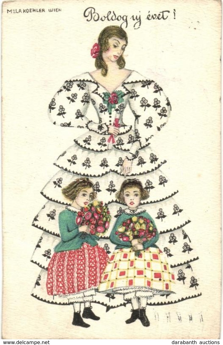 T2/T3 Boldog Újévet! / New Year Greeting Art Postcard, Lady With Girls. B. K. W. I. 3142-5. S: Mela Koehler (EK) - Sin Clasificación