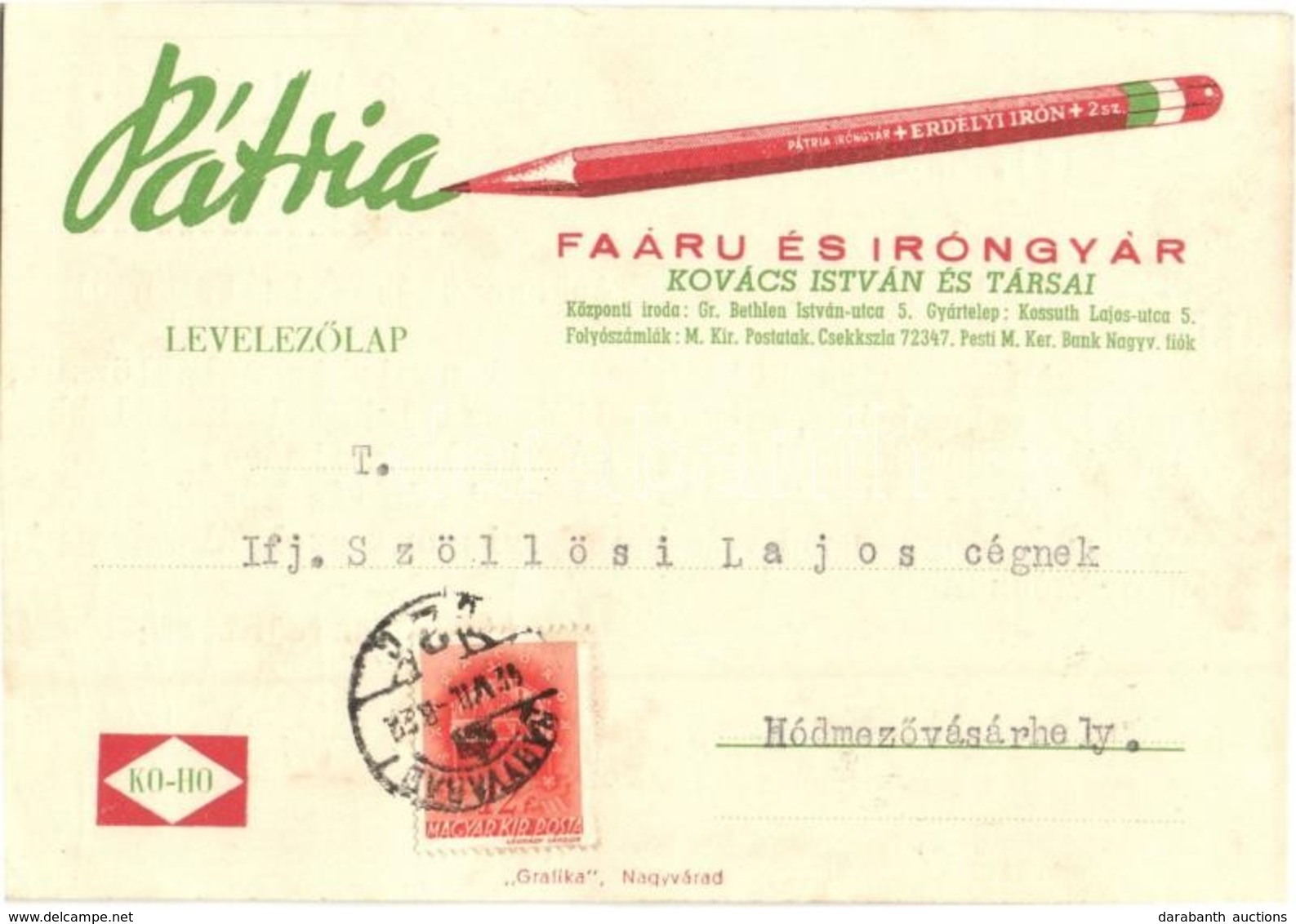 T2 1942 Kovács István és Társai Pátria Erdélyi Faáru és Iróngyár Reklámlapja. Nagyvárad / Transylvanian Woodwork And Sta - Ohne Zuordnung