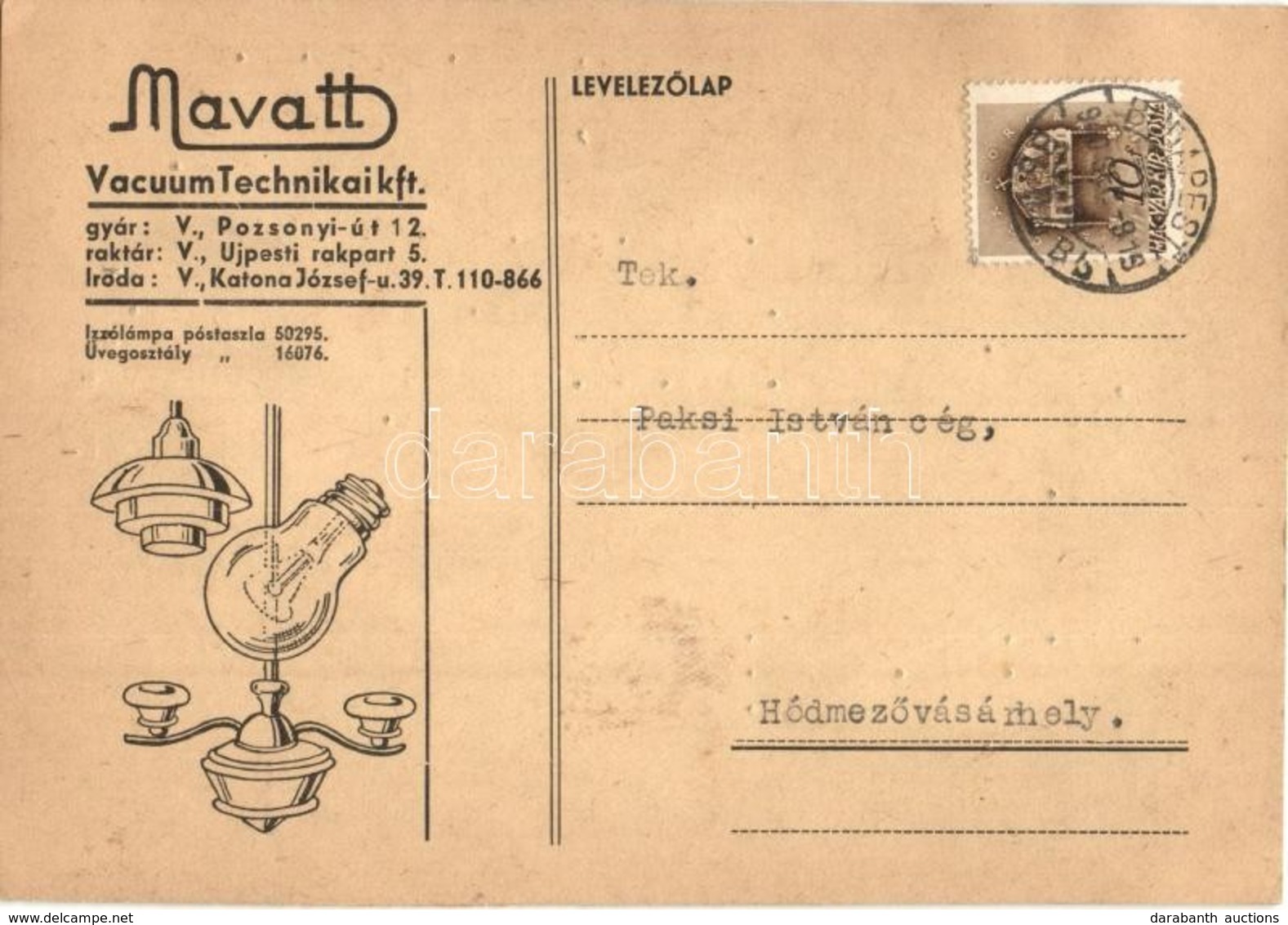 T2/T3 1940 Mavatt Vacuumtechnikai Kft. Izzólámpa Reklámlap / Hungarian Vacuum Technic Advertisement Card For Light Bulbs - Sin Clasificación