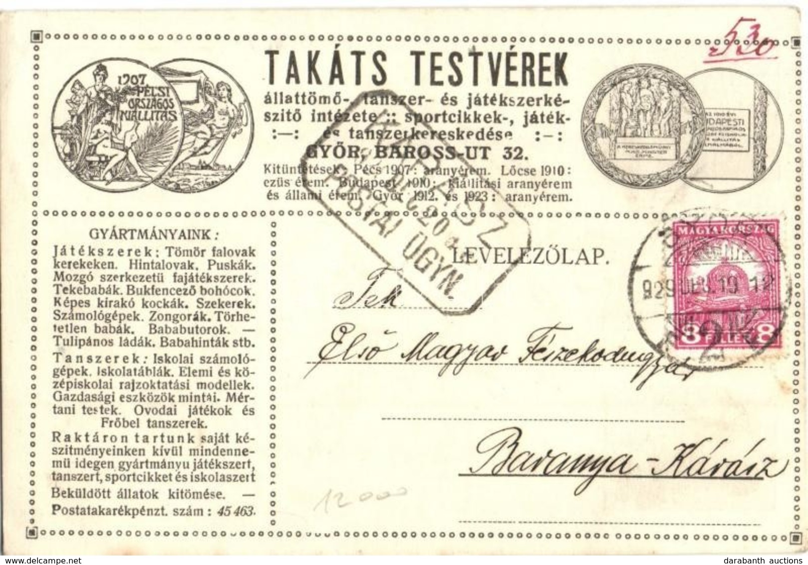 T2/T3 1929 Takáts Testvérek állattömő-, Tanszer- és Játékszerkészítő Intézete. Győr, Baross út 32. Saját Reklámlapjuk és - Sin Clasificación