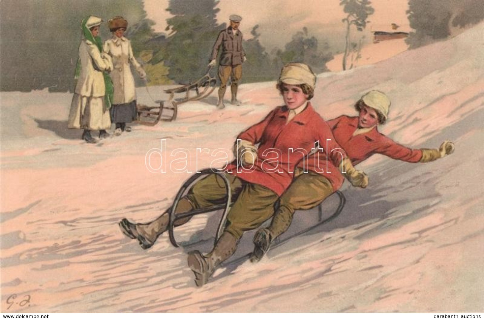 ** T1 Sledding Ladies. Meissner & Buch Künstler-Postkarten Serie 1800. Sport Im Winter. Litho - Ohne Zuordnung