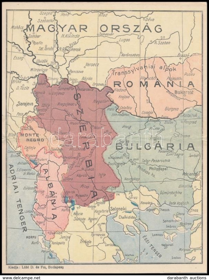 ** T2/T3 Magyarország, Románia, Szerbia, Bulgária, Montenegro, Albánia. Kiadja Löbl D. és Fia. Kihajtható Lap / Map Of H - Non Classificati