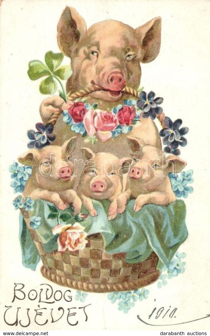 T2/T3 1909 Boldog Új Évet! / New Year Greeting Card, Pigs In Flower Basket. Litho - Ohne Zuordnung