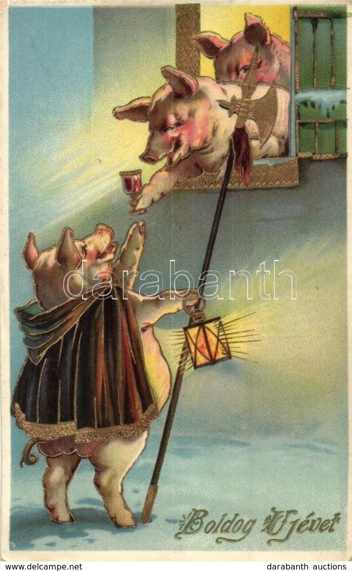 T2/T3 Boldog Új Évet! / New Year Greeting Card, Pigs. S.B. 3253 Litho  (EK) - Ohne Zuordnung