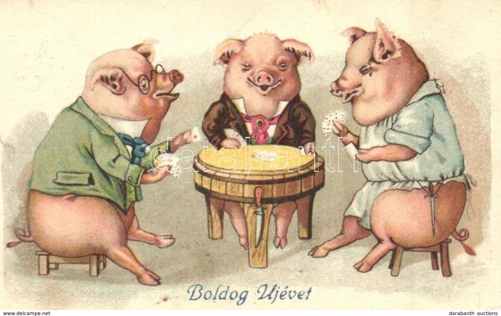 T2/T3 1929 Boldog Új Évet! / New Year Greeting Card, Pigs Playing Card Game. Litho (EK) - Non Classificati
