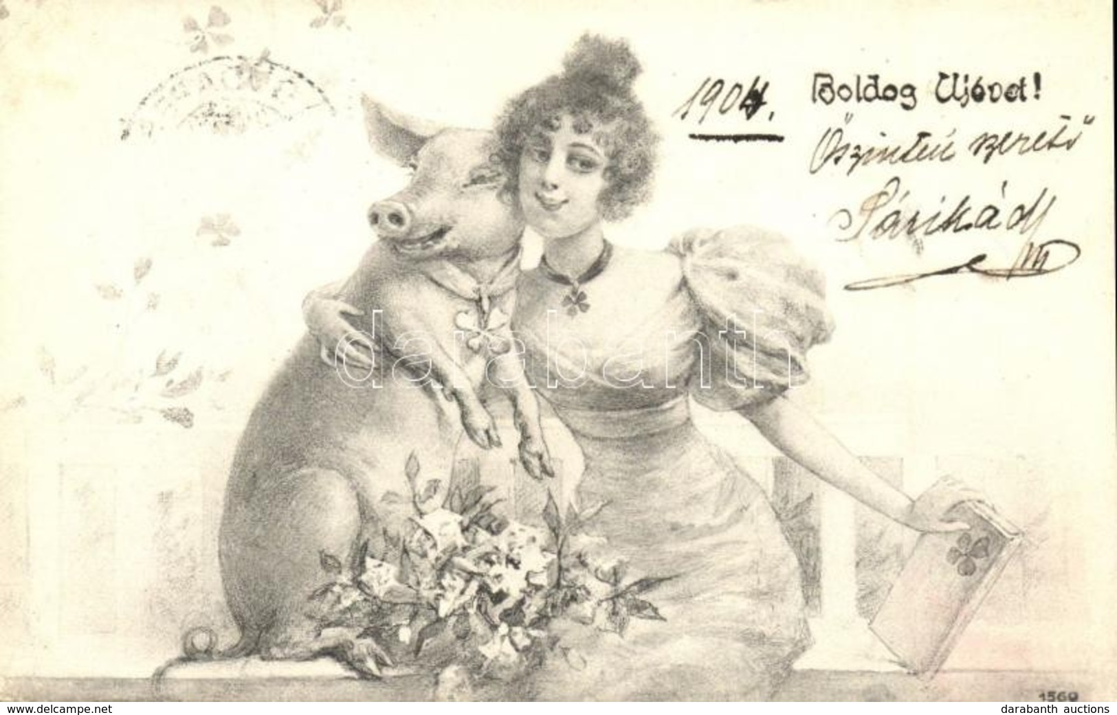 T2/T3 1904 Boldog Új Évet! / New Year Greeting Card, Pig With Lady (EK) - Non Classificati