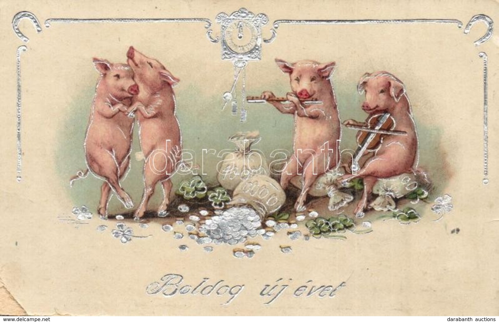 * T3 Boldog Újévet! / New Year Greeting With Pigs Playing Instruments And Dancing. Emb. Metallic Litho (fa) - Ohne Zuordnung