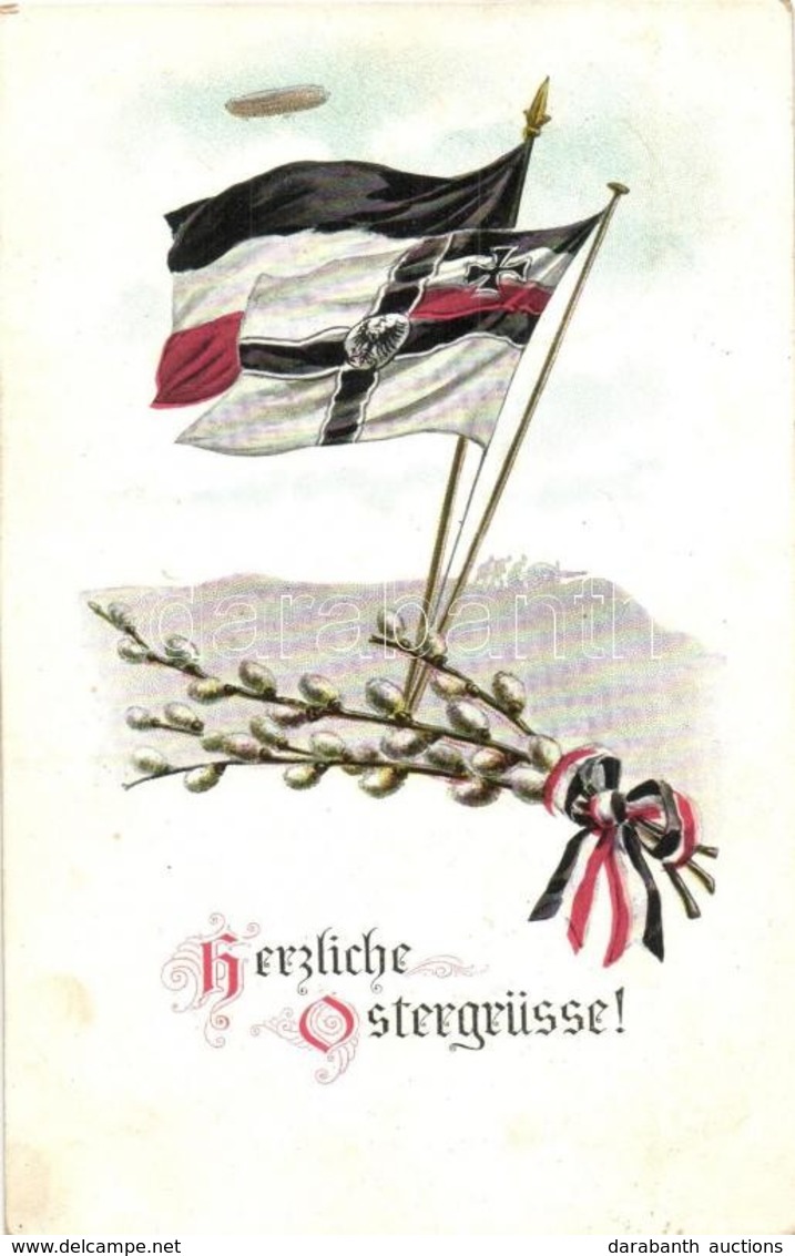 T2/T3 Herzliche Ostergrüsse! / WWI German Military Easter Greeting Card, Flags + K. Und K. Etappenbäckerei No. 1. - Ohne Zuordnung