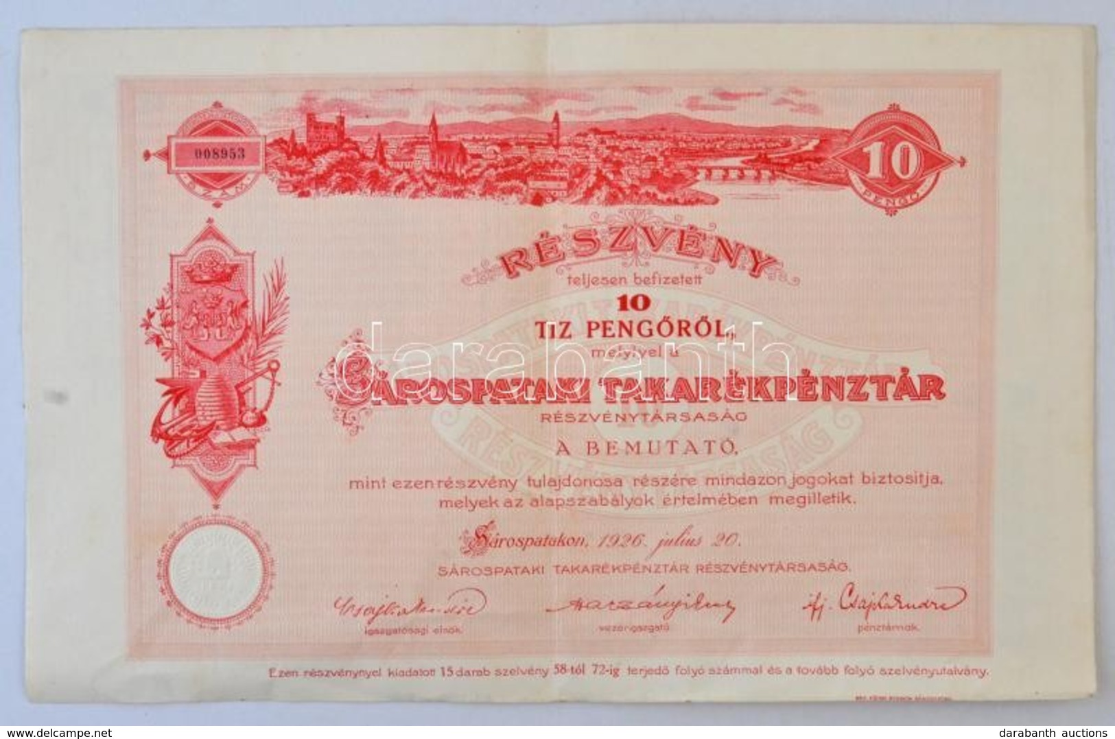 Sárospatak 1926. 'Sárospataki Takarékpénztár Részvénytársaság' Részvénye 10P-ről, Szárazpecséttel és Szelvényekkel T:III - Non Classificati