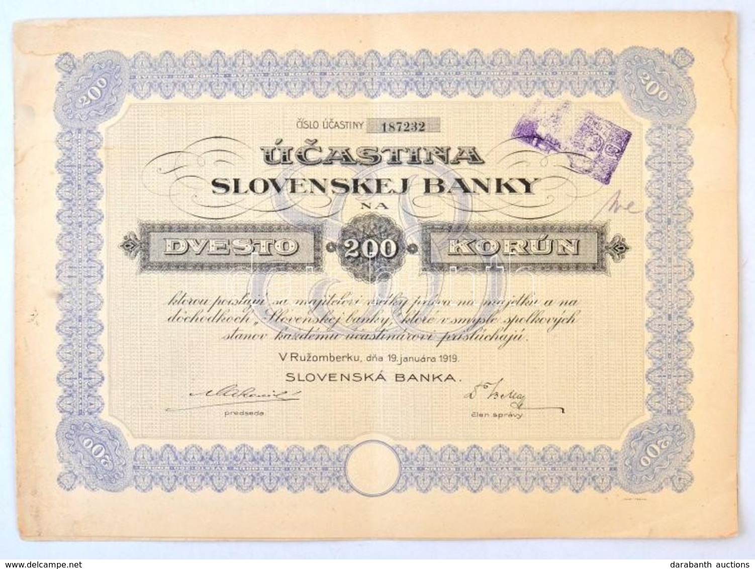 Csehszlovákia / Ruzomberok 1919. 'Slovenská Banka' Részvénye 200K-ról, Szelvényekkel, Bélyegzéssel és Szárazpecséttel T: - Sin Clasificación