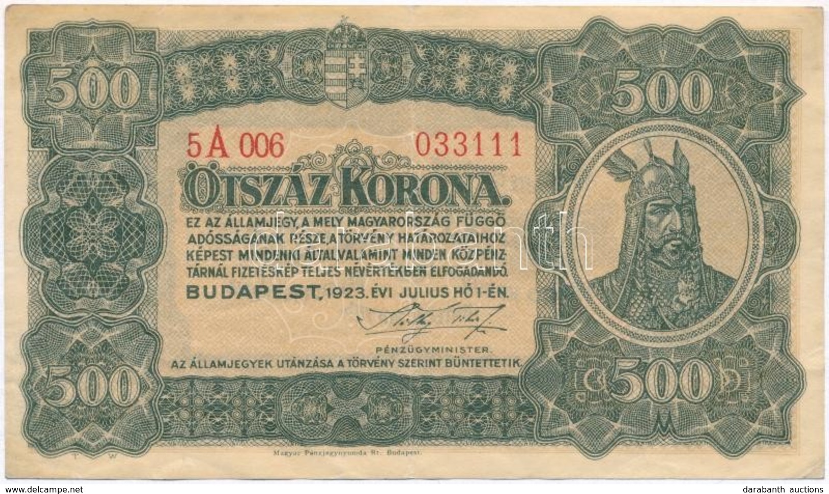 1923. 500K 'Magyar Pénzjegynyomda Rt. Budapest' Nyomdahely Jelöléssel T:III Szép Papír - Non Classificati