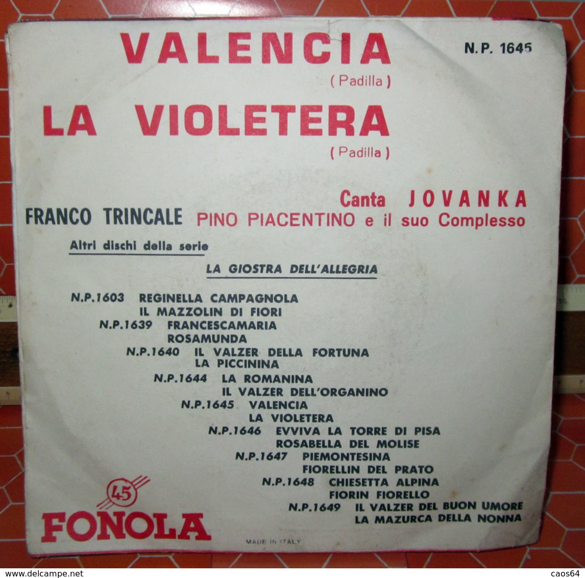 VALENCIA LA VIOLETERA   COVER NO VINYL 45 GIRI - 7" - Accessoires, Pochettes & Cartons