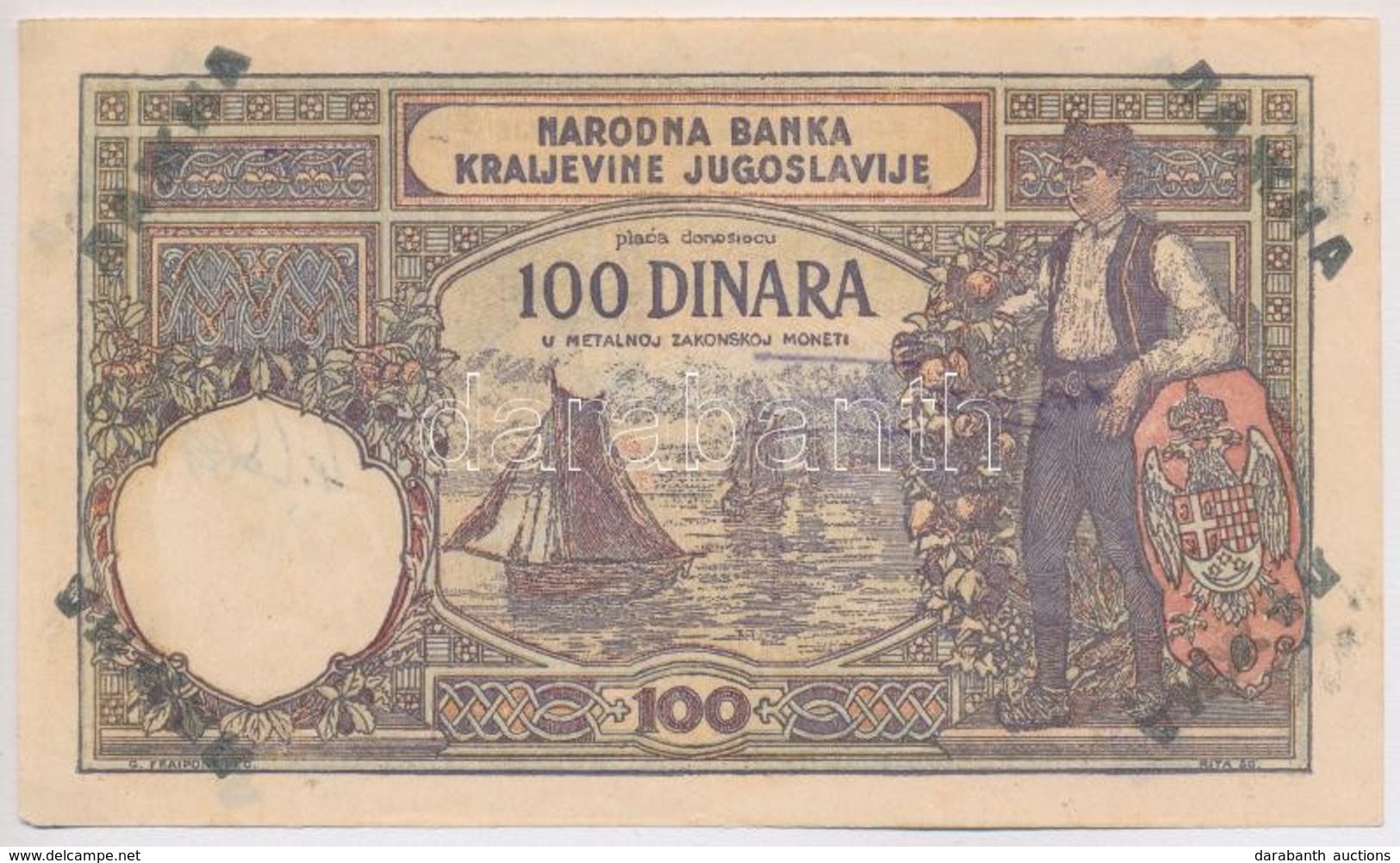 Jugoszlávia 1929. 100D Korabeli Hamis Bankjegy, Lefoglalásról Szóló Bélyegzéssel T:I-
Yugoslavia 1929. 100 Dinara Contem - Non Classificati