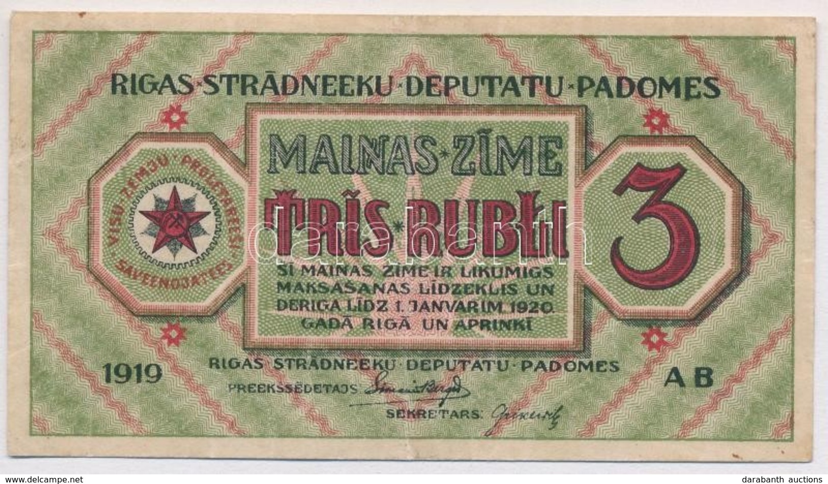 Lettország / Rigai Munkásszervezet 1919. 3R T:III
Latvia / Riga's Workers Deputies' Soviet 1919. 3 Rubli C:F
Krause R2 - Non Classificati