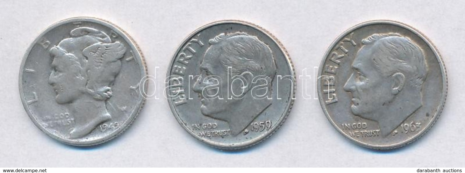 Amerikai Egyesült Államok 1945D 1d Ag 'Mercury' + 1959D 1d Ag + 1963-1d Ag 'Rossevelt' T:2-3
USA 1945D 1 Dime Ag 'Mercur - Ohne Zuordnung